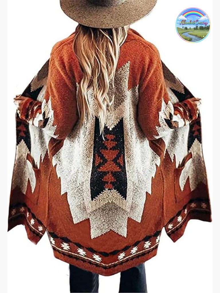 Vintage Tribal Knitted Open Front Cardigan With Pockets Cozy Western Sweater